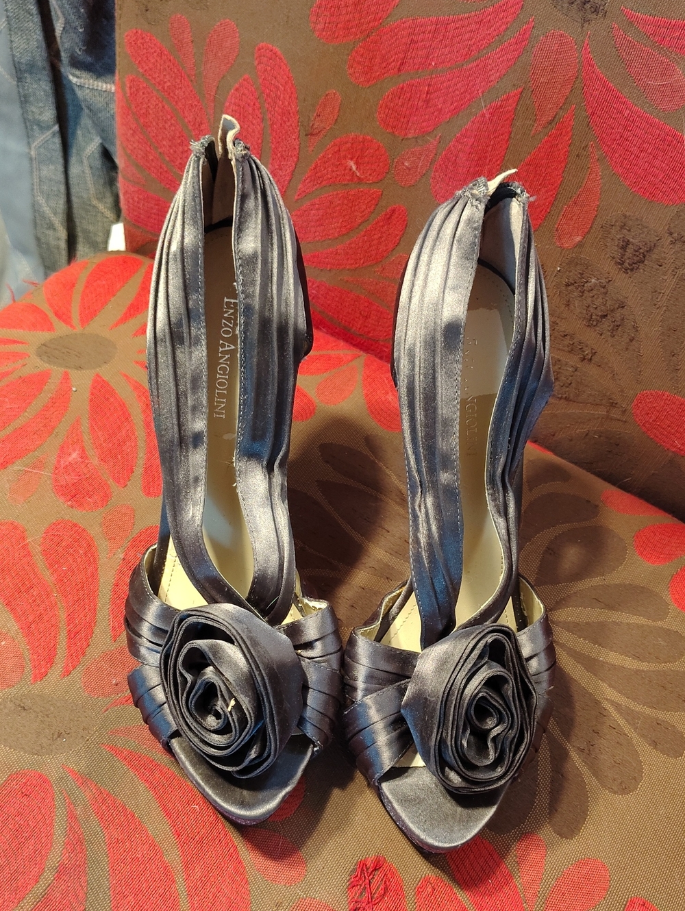 Enzo Angiolini Gunmetal Satin Peep-Toe Slingback Heels with Rosette